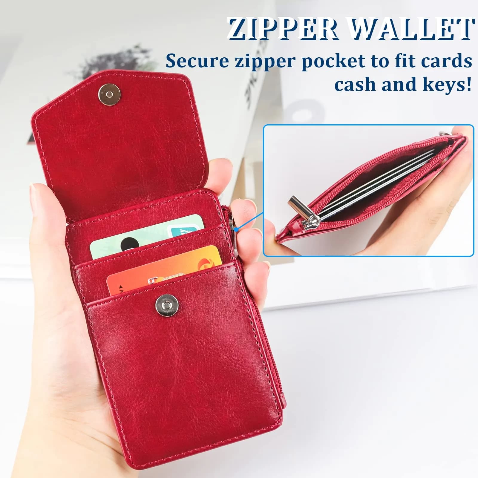 Teskyer Wine Red #02 PU Leather ID Badge Holder with Zipper Pocket & Lanyard | 3.1" x 4.7" - view 4