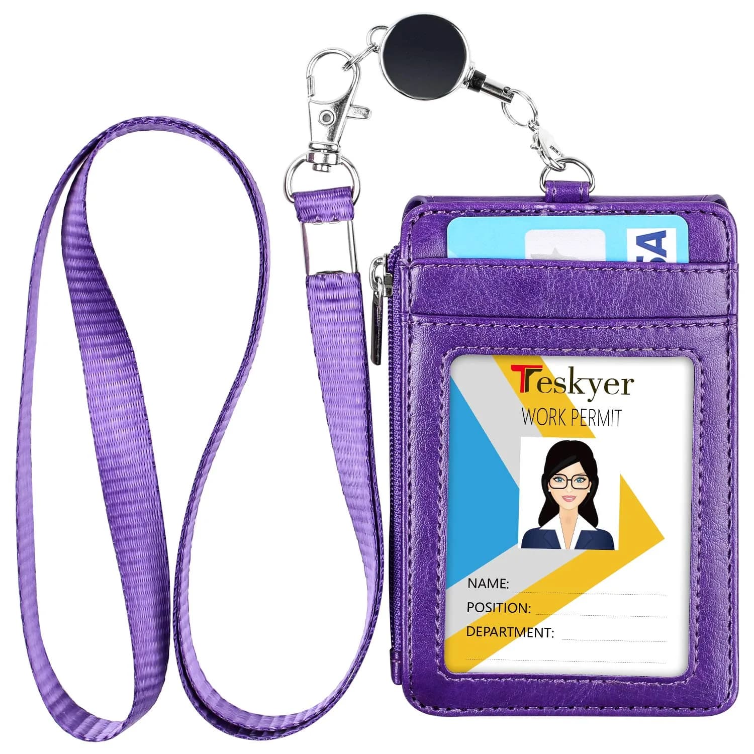 Teskyer Purple #02 PU Leather ID Badge Holder with Zipper Pocket & Lanyard - 3.1" x 4.7" - main product image