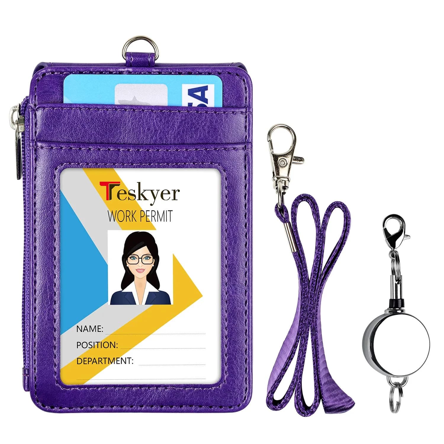 Teskyer Purple #02 PU Leather ID Badge Holder with Zipper Pocket & Lanyard - 3.1" x 4.7" - view 2