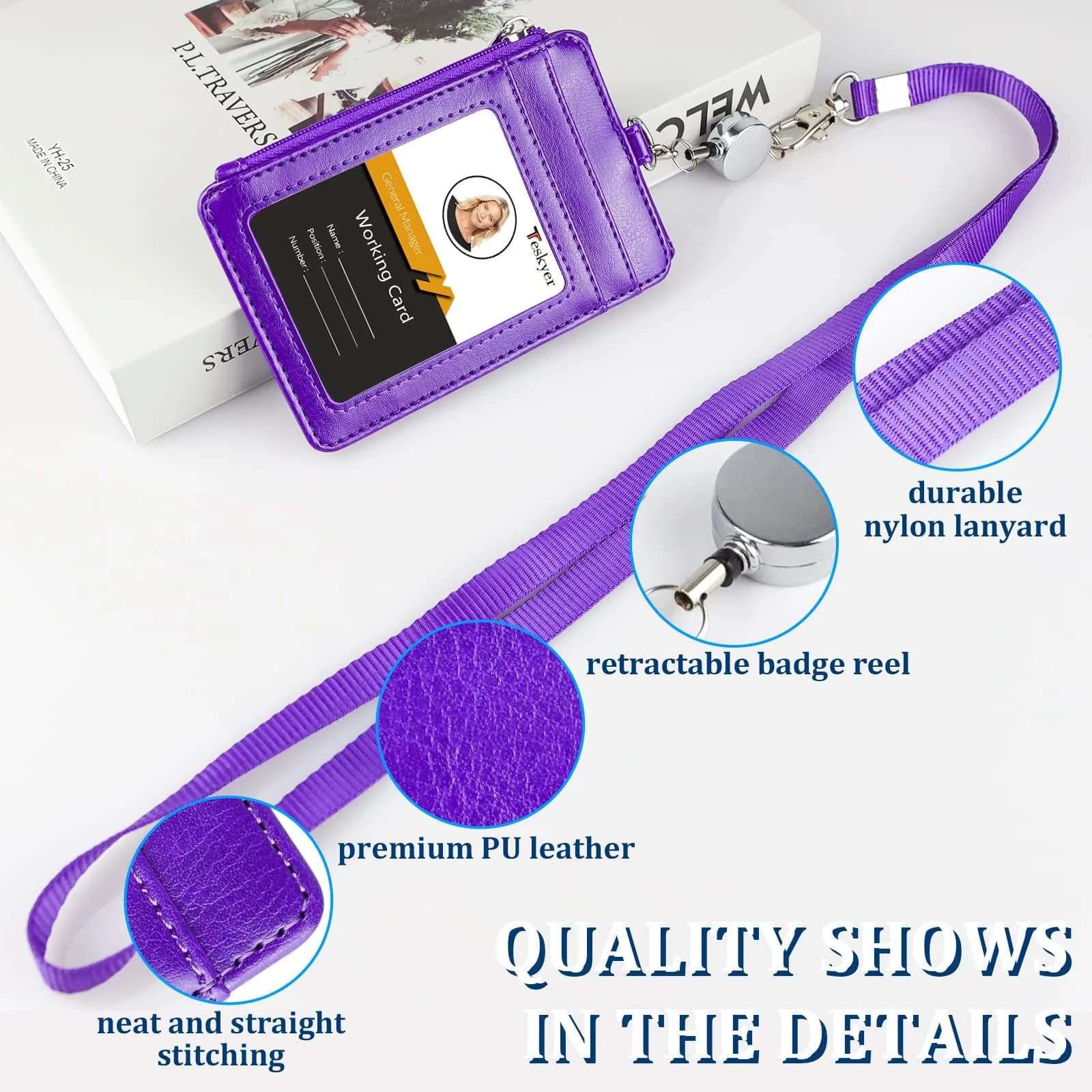 Teskyer Purple #02 PU Leather ID Badge Holder with Zipper Pocket & Lanyard - 3.1" x 4.7" - view 3