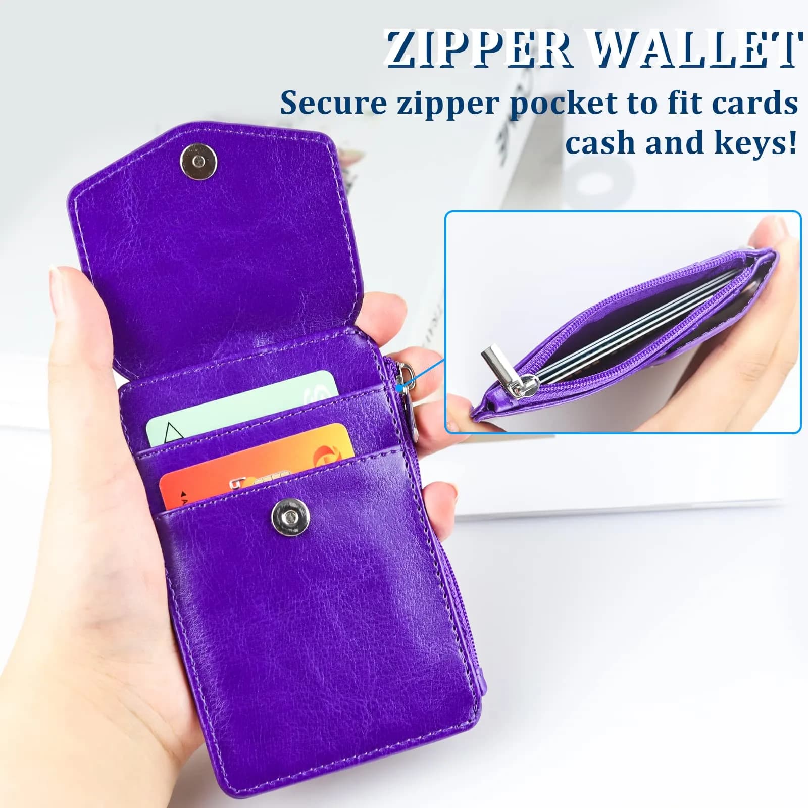 Teskyer Purple #02 PU Leather ID Badge Holder with Zipper Pocket & Lanyard - 3.1" x 4.7" - view 4
