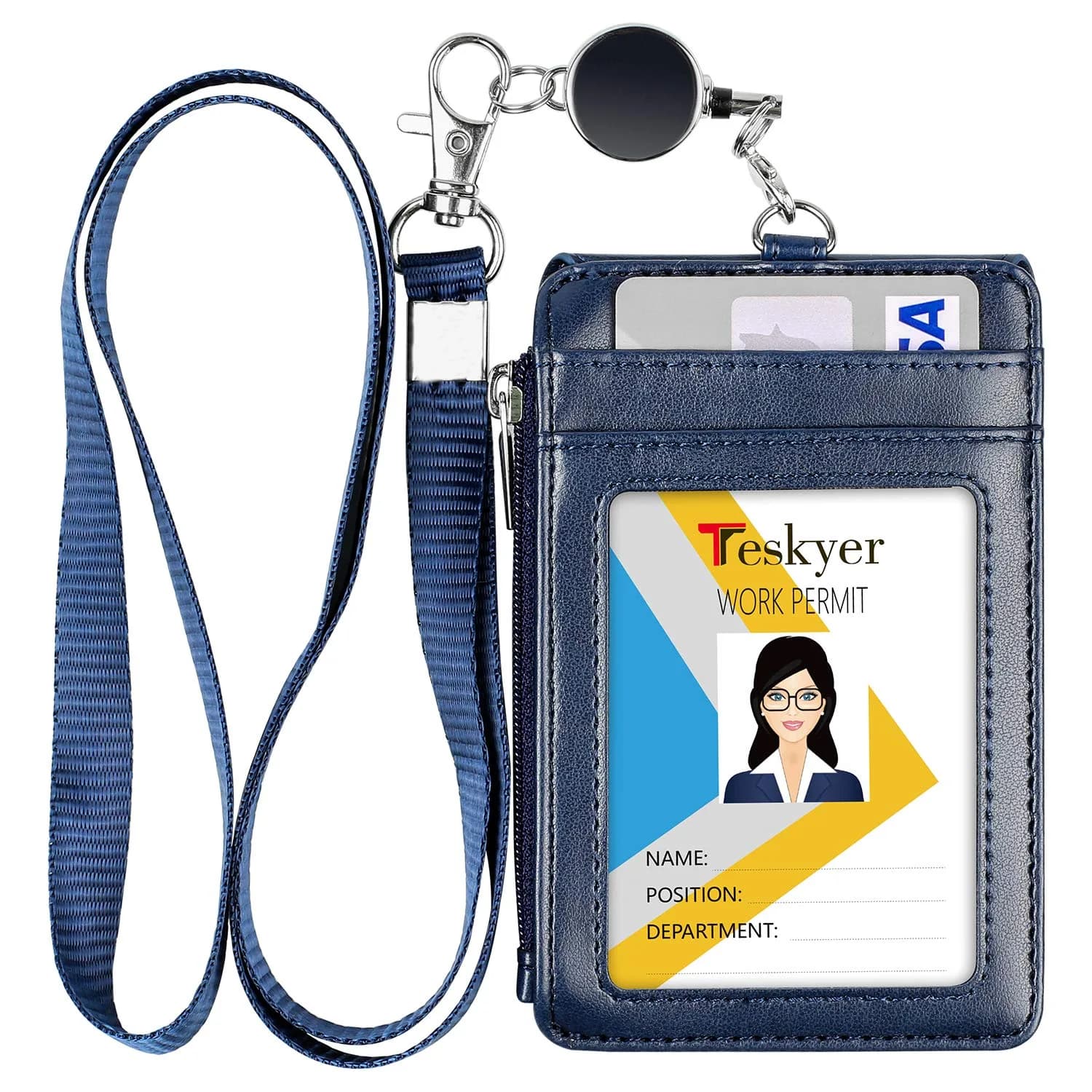 Teskyer Blue #02 PU Leather ID Badge Holder with Zipper & Lanyard - 3.1" x 4.7" - main product image
