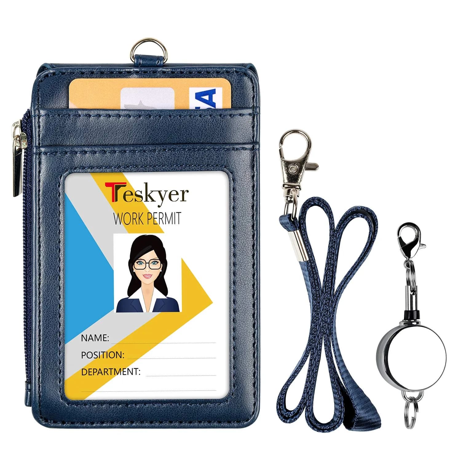 Teskyer Blue #02 PU Leather ID Badge Holder with Zipper & Lanyard - 3.1" x 4.7" - view 2