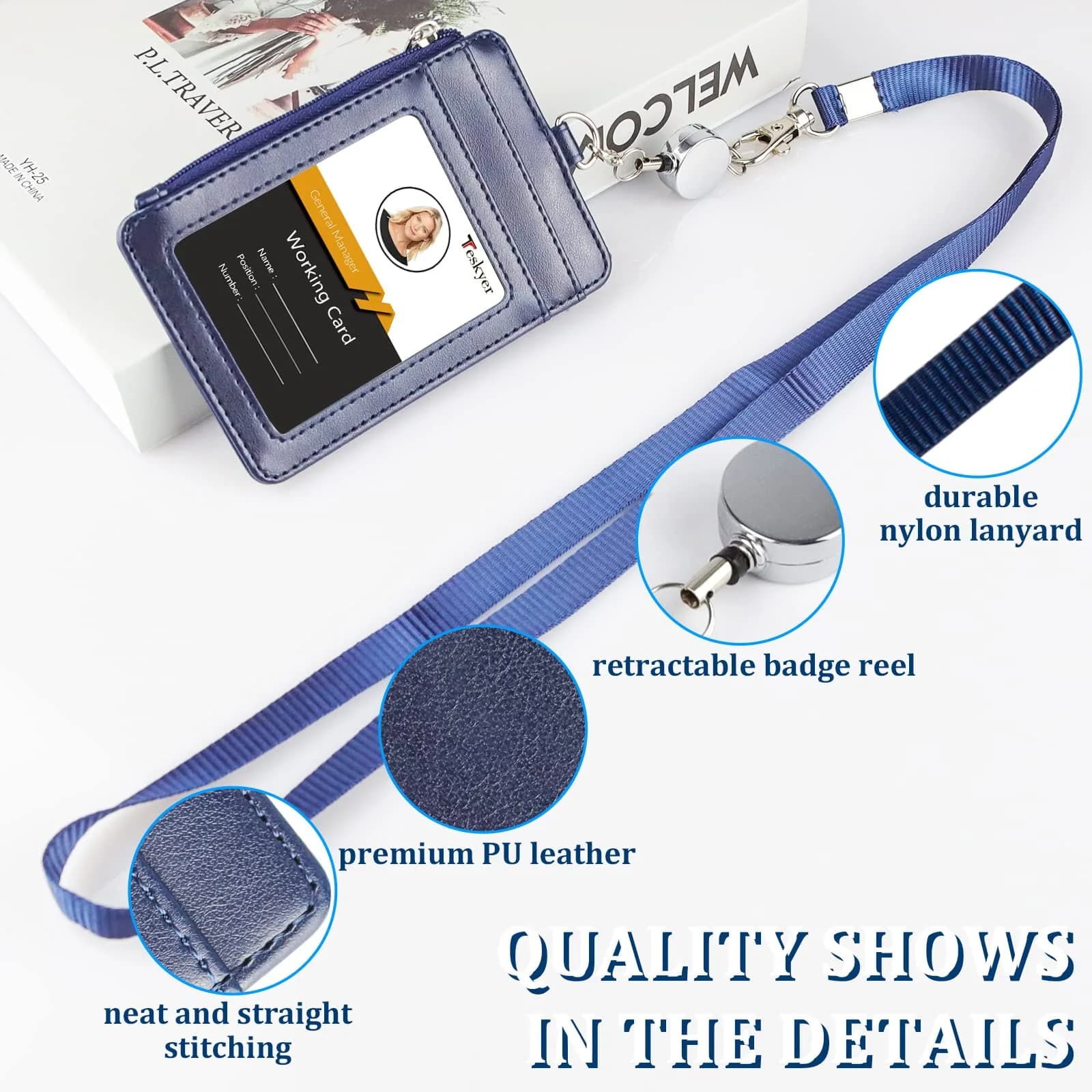 Teskyer Blue #02 PU Leather ID Badge Holder with Zipper & Lanyard - 3.1" x 4.7" - view 4