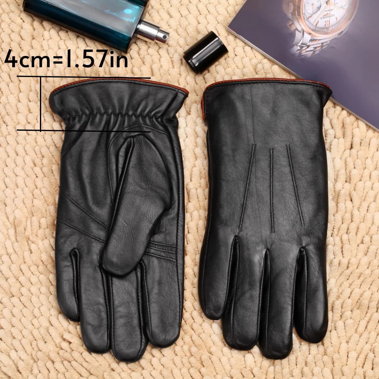 MaxW Sheepskin Leather Gloves for Men, Winter Warm Touchscreen, Black, Size L thumbnail 4