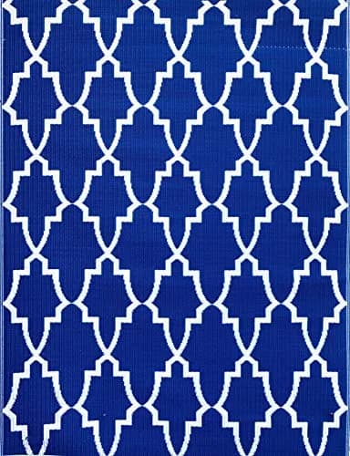Mad Mats Geometric Outdoor Rug 4' x 6' | Reversible Plastic Mat, Casa Blanca - Blue/White thumbnail 1