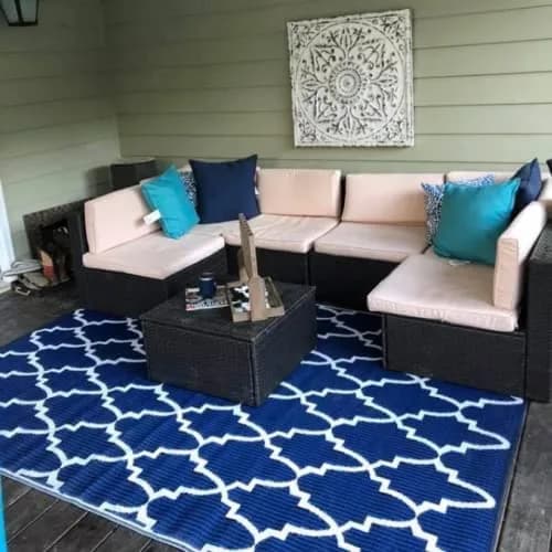 Mad Mats Geometric Outdoor Rug 4' x 6' | Reversible Plastic Mat, Casa Blanca - Blue/White thumbnail 3