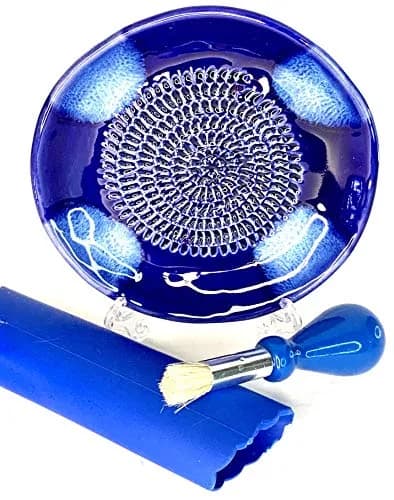 BonCera Ceramic Garlic Grater Plate 4-Piece Set - Blue Cross Glazed | Versatile Kitchen Tool for Garlic, Ginger & Fruits thumbnail 1