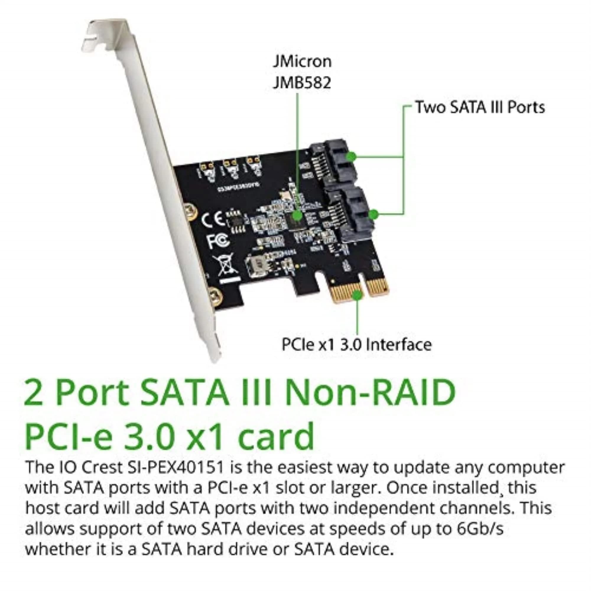 IO CREST 2 Port SATA JMicron Expansion Card with Low Profile Bracket - 6Gbps SATA 3.0 PCI Express x1 - view 2