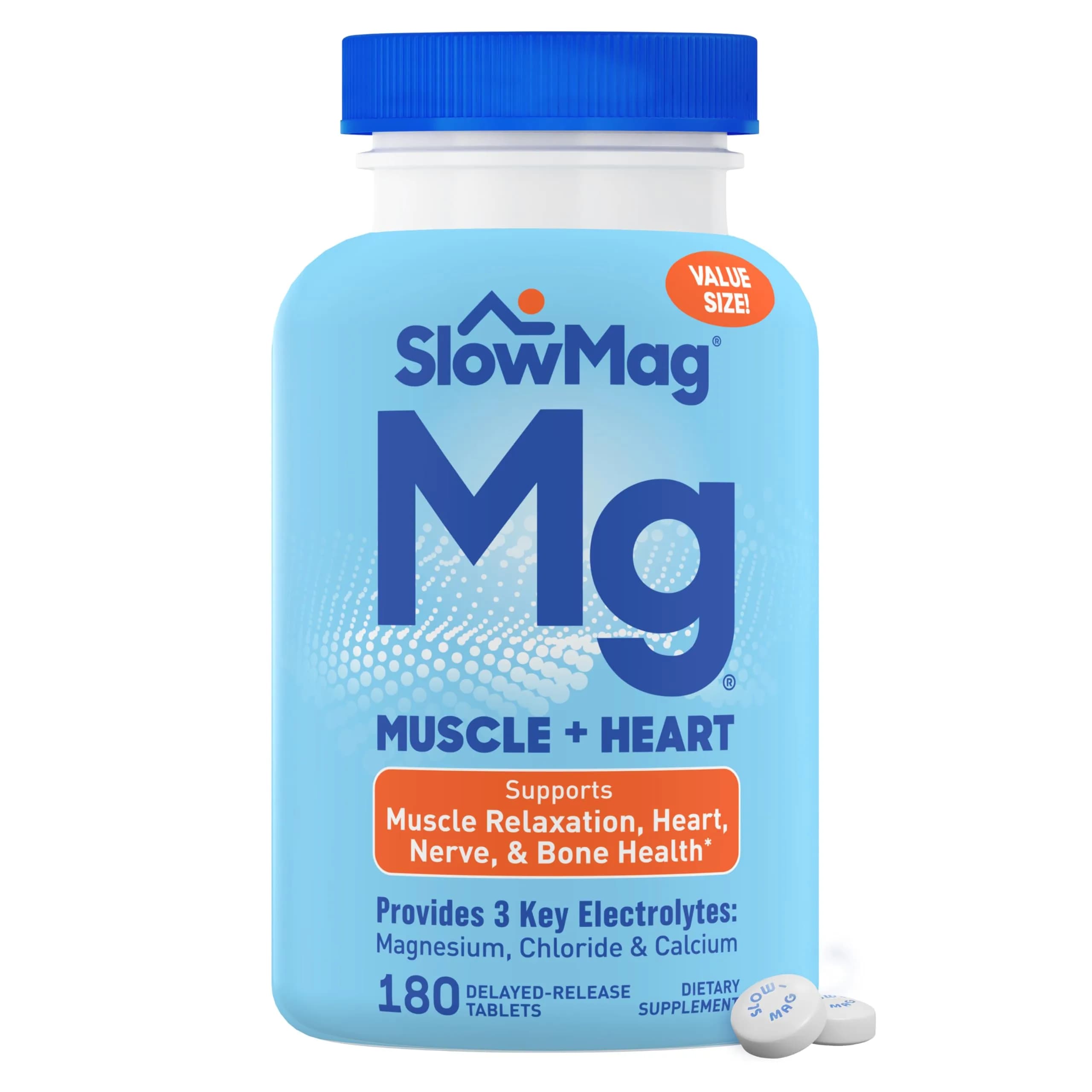 SlowMag Muscle & Heart Magnesium Chloride Supplement with Calcium, 180 Count | Supports Muscle Relaxation & Heart Health - main product image