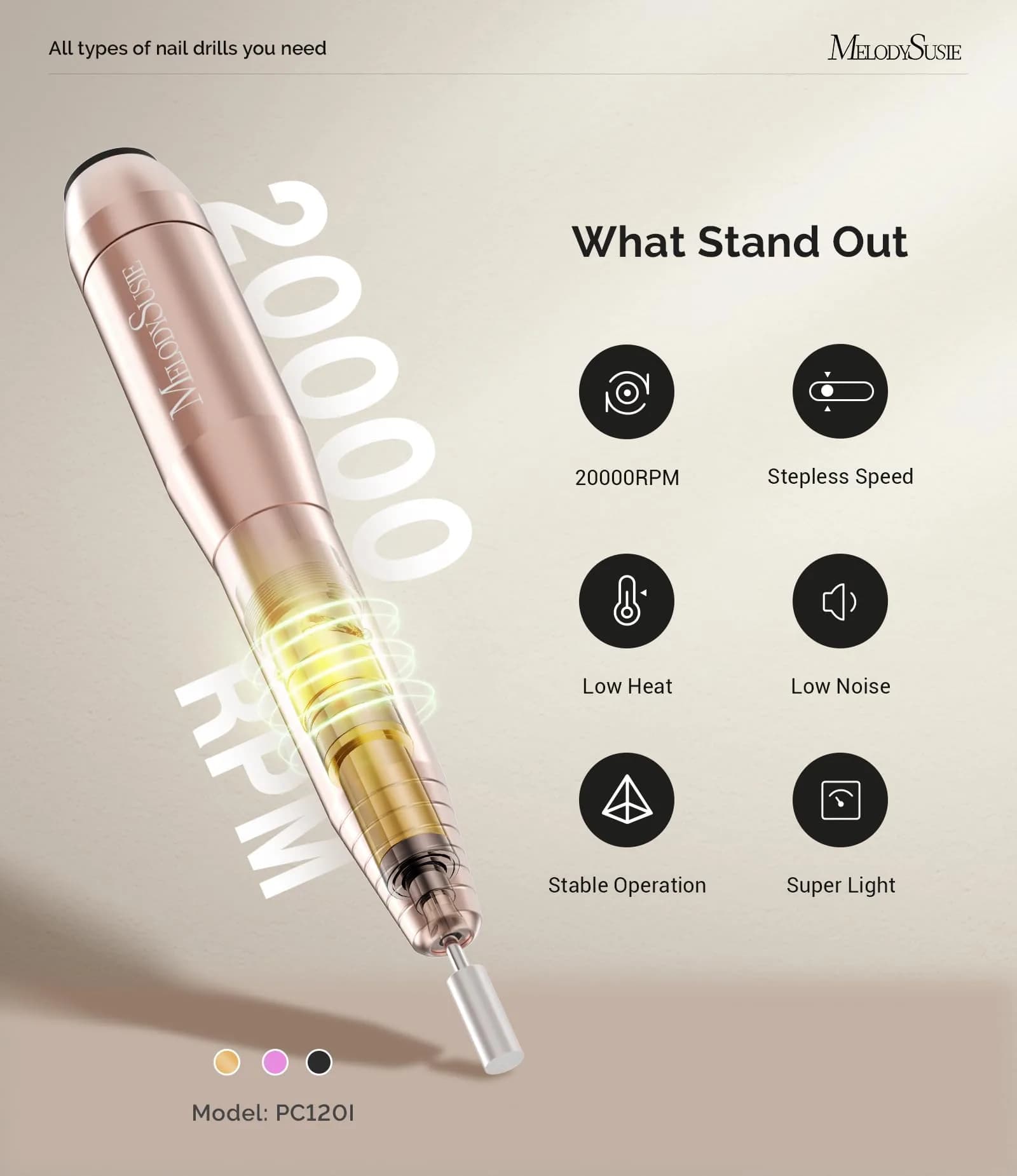 MelodySusie PC120I Portable USB Nail Drill 20000RPM in Chic Gold | Beginner-Friendly Electric Nail File for Home Use - view 4