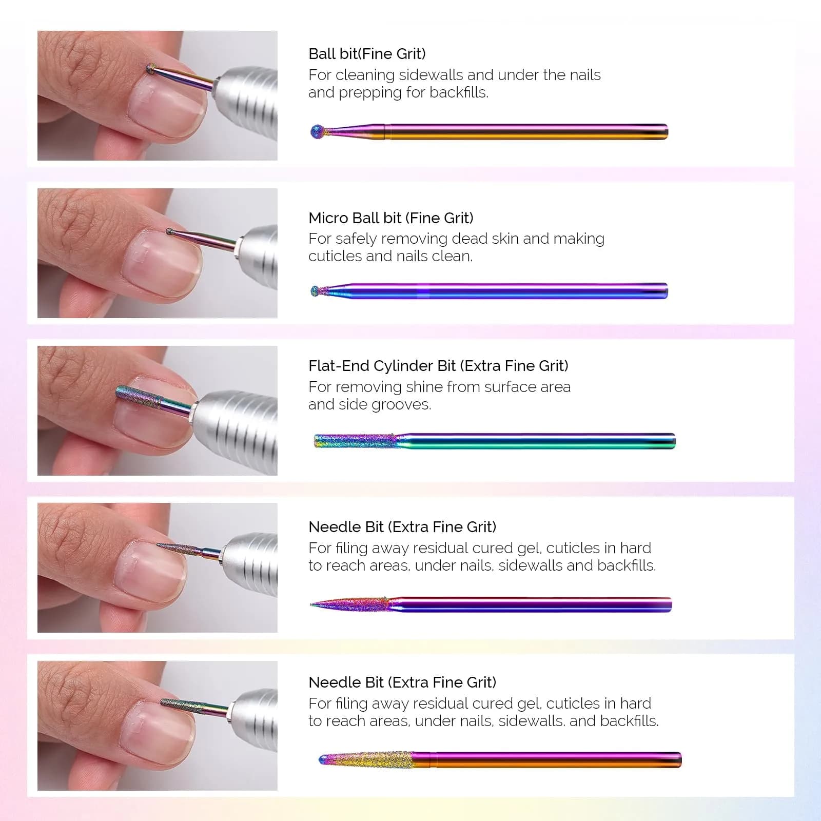 MelodySusie 10pcs Rainbow Diamond Nail Drill Bits Set | Professional Cuticle & Acrylic Removal Tool - view 4