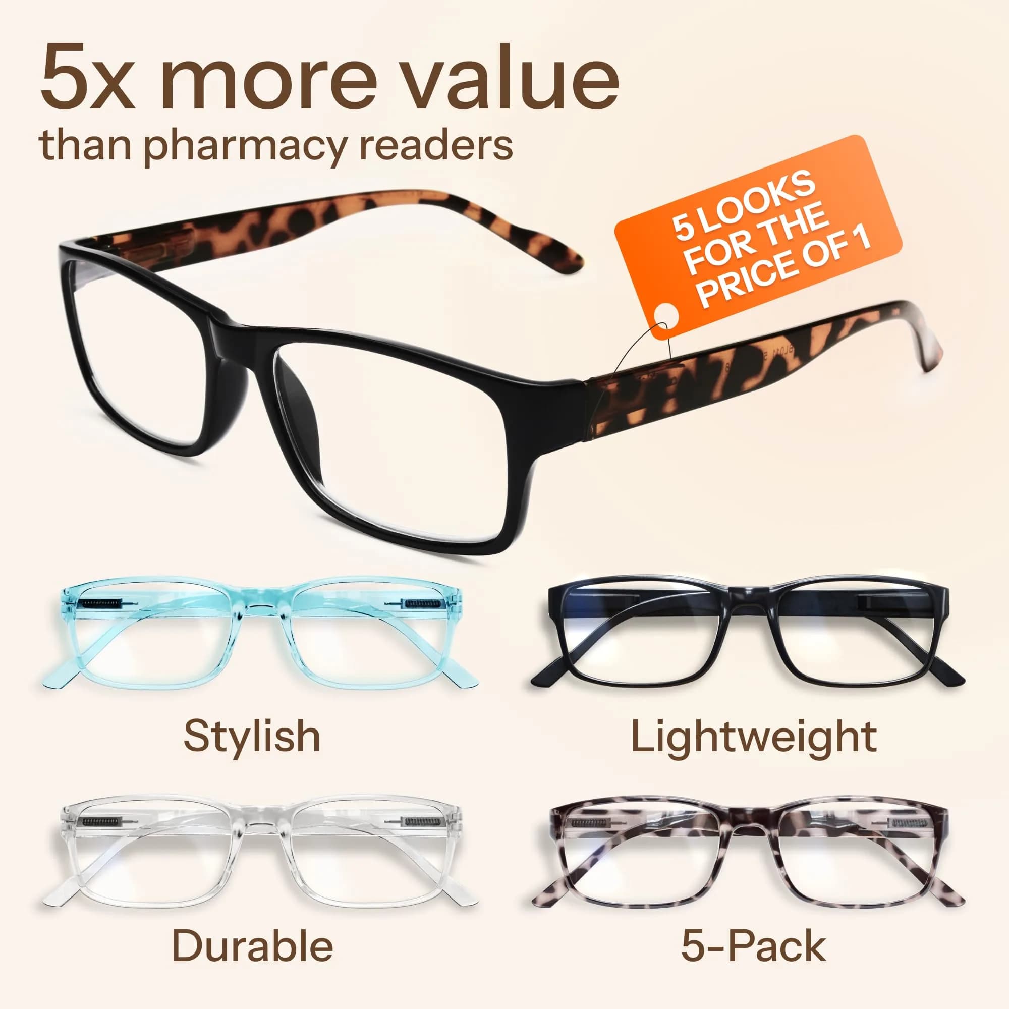 Gaoye 5-Pack Reading Glasses with Blue Light Filter 2.5 Diopter | Unisex Adult Classic Full Rim TR90 Frame - view 5