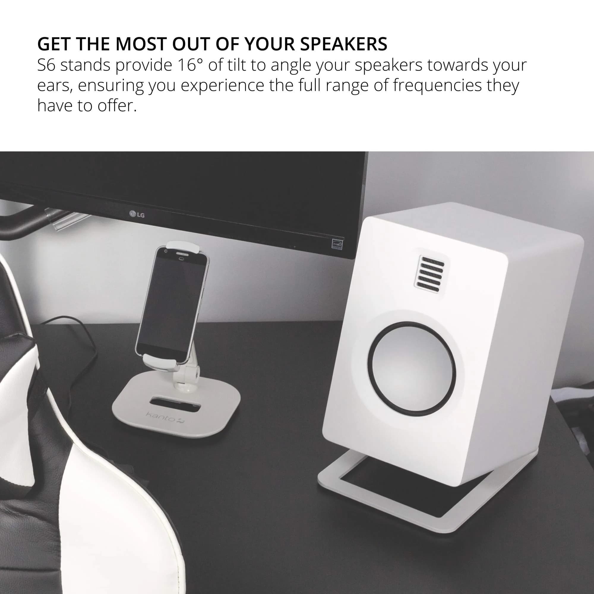 Kanto S6W Tilted Desktop Speaker Stands for Large Bookshelf Speakers & Studio Monitors | 2.27 kg (5 lb) Capacity | White - view 4