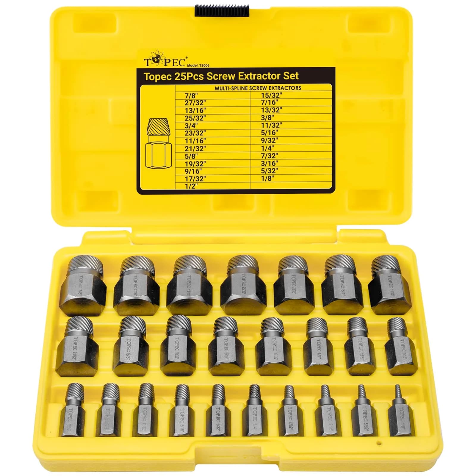 Topec 25Pcs Screw Extractor Set, Multi-Spline Easy Out Bolt Extractor Kit | Heat-Treated CR-MO Steel for Broken, Stripped, Rounded Bolts & Screws