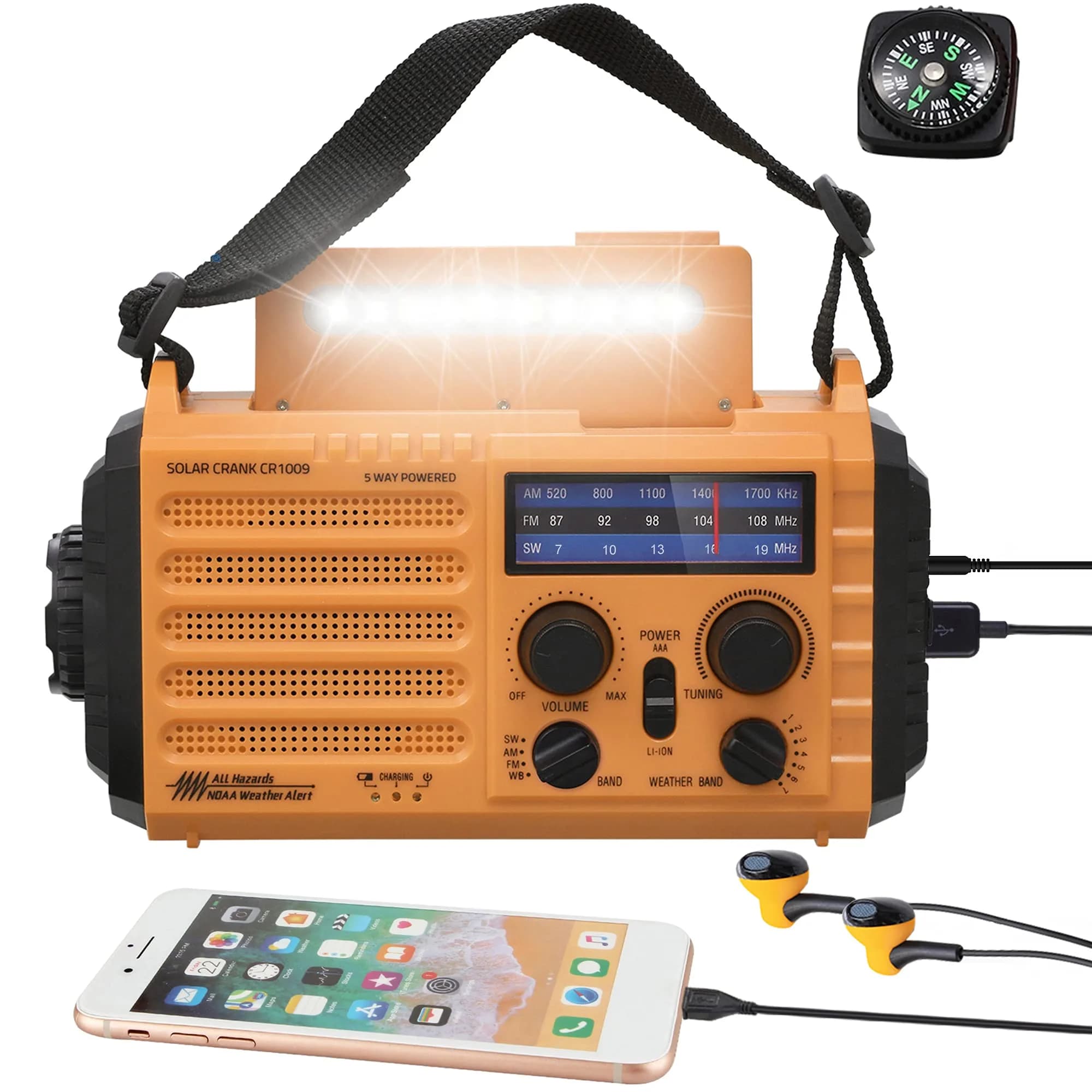 Mesqool Emergency Weather Radio Yellow | NOAA AM FM SW 5000mAh Solar Crank Portable Radio with LED Flashlight & SOS Alarm - main product image