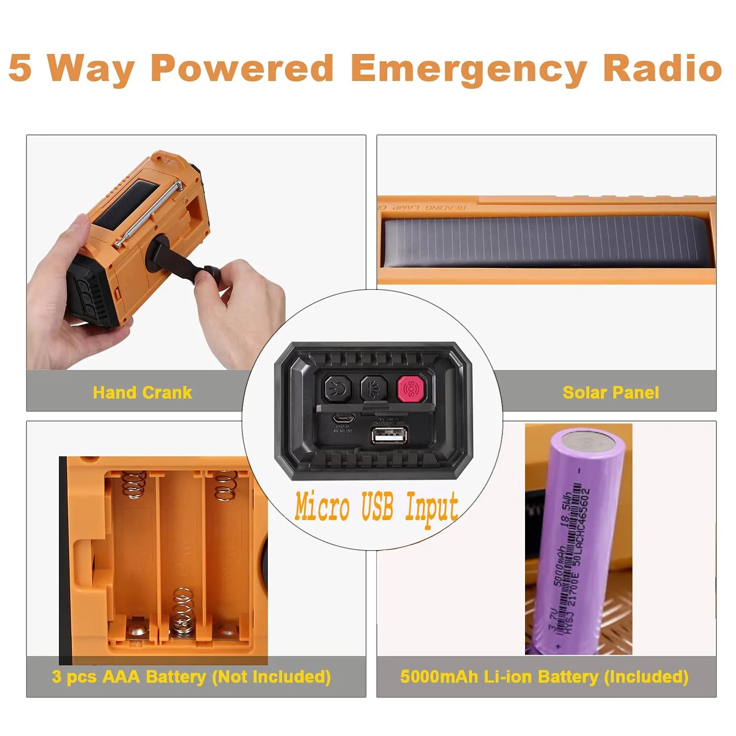 Mesqool Emergency Weather Radio Yellow | NOAA AM FM SW 5000mAh Solar Crank Portable Radio with LED Flashlight & SOS Alarm - view 5