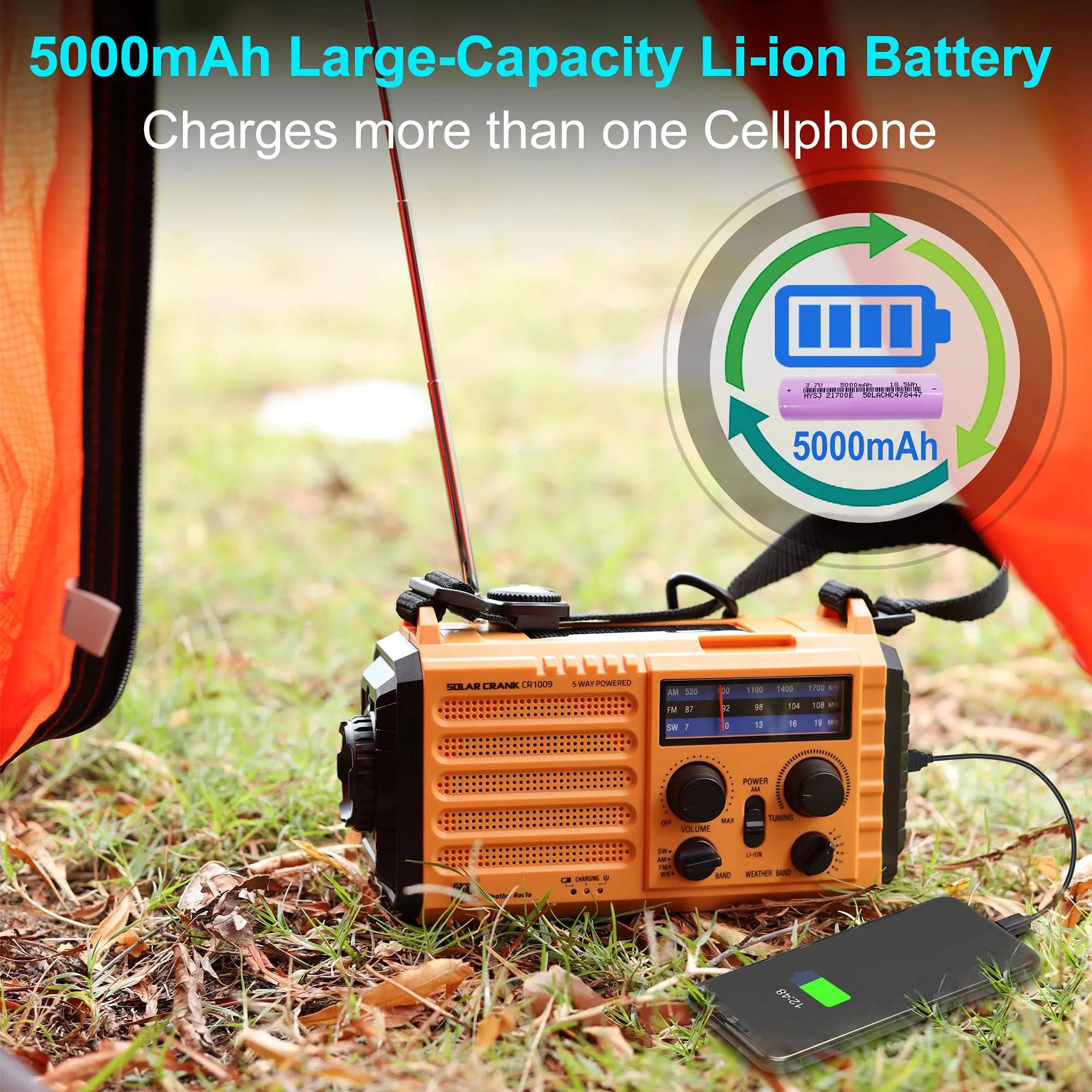 Mesqool Emergency Weather Radio Yellow | NOAA AM FM SW 5000mAh Solar Crank Portable Radio with LED Flashlight & SOS Alarm - view 6