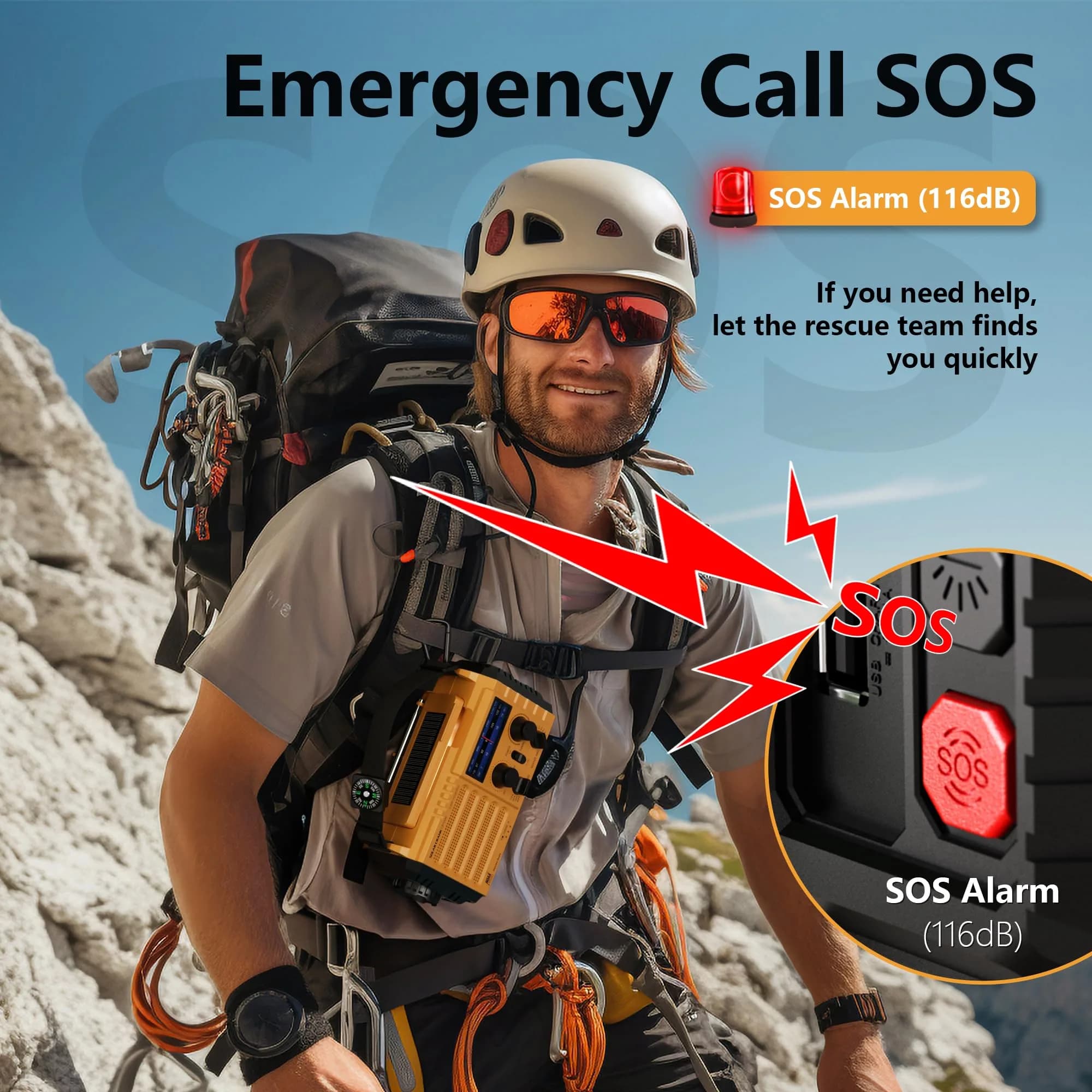 Mesqool Emergency Weather Radio Yellow | NOAA AM FM SW 5000mAh Solar Crank Portable Radio with LED Flashlight & SOS Alarm - view 9