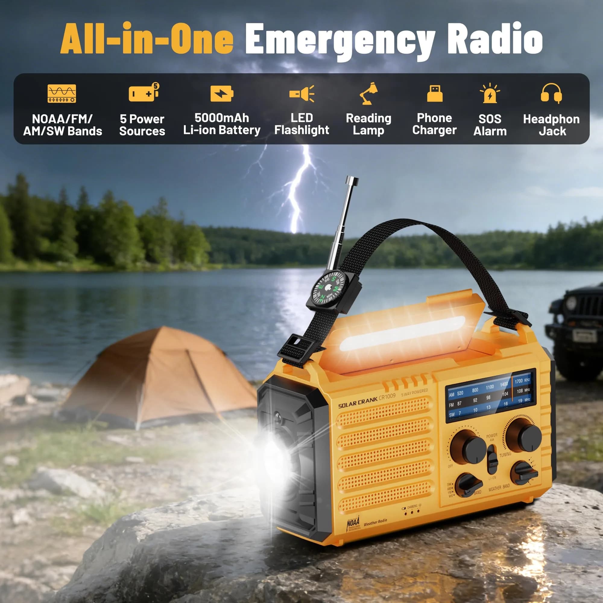 Mesqool Emergency Weather Radio Yellow | NOAA AM FM SW 5000mAh Solar Crank Portable Radio with LED Flashlight & SOS Alarm - view 2