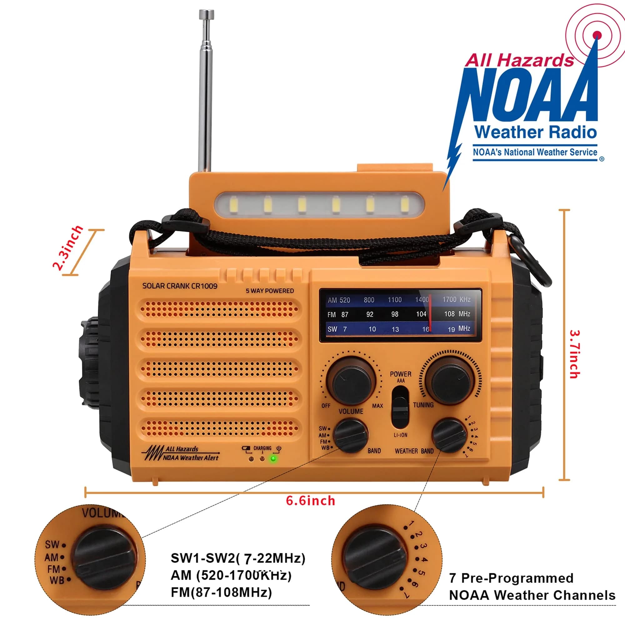 Mesqool Emergency Weather Radio Yellow | NOAA AM FM SW 5000mAh Solar Crank Portable Radio with LED Flashlight & SOS Alarm - view 4