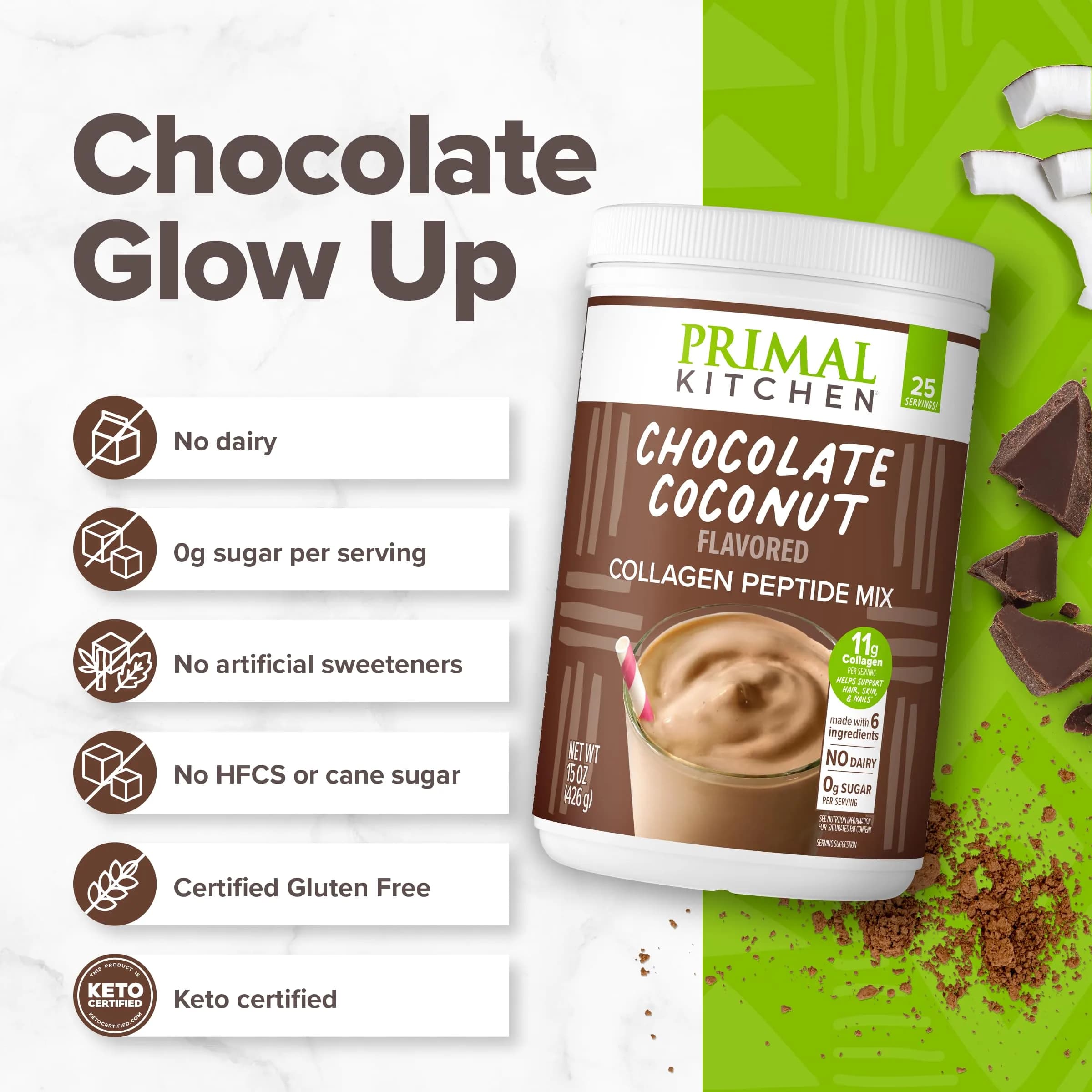 Primal Kitchen Chocolate Collagen Fuel Drink Mix 20 oz (567 g) | 11g Collagen Peptides Per Serving - view 2