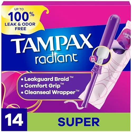 Tampax Radiant Tampons Super Absorbency Unscented 14 Count | #1 Tampon Brand with LeakGuard Braid thumbnail 1