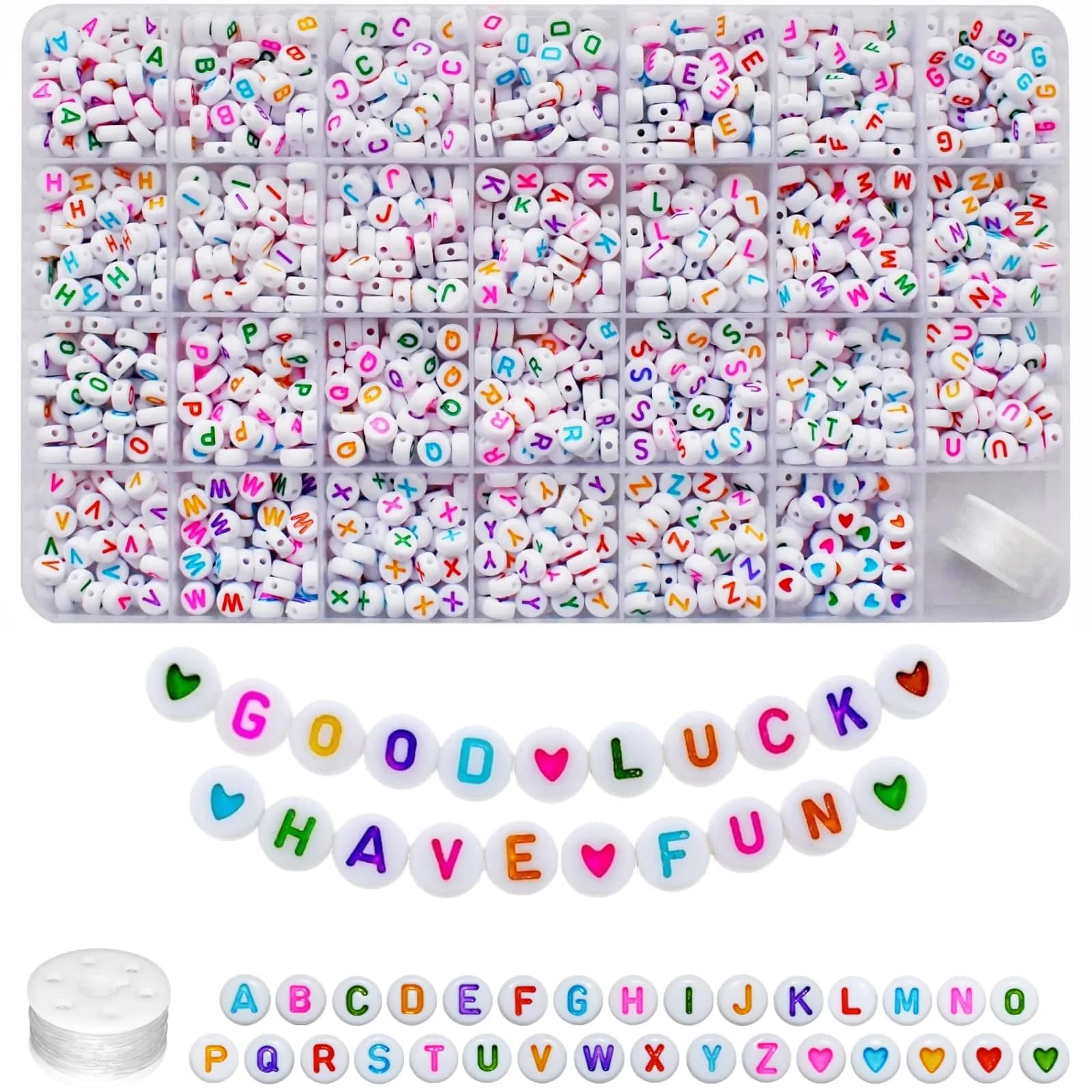 Looconi Colorful Letter Beads 1400pcs (7mm Round) | Alphabet A-Z Heart White Flat Acrylic Beads with Crystal Line for Jewelry Making - main product image