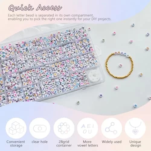 Looconi Colorful Letter Beads 1400pcs (7mm Round) | Alphabet A-Z Heart White Flat Acrylic Beads with Crystal Line for Jewelry Making thumbnail 4