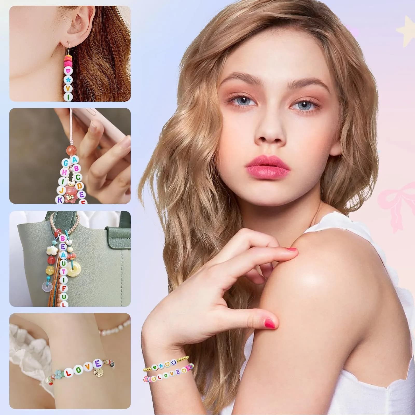 Looconi Colorful Letter Beads 1400pcs (7mm Round) | Alphabet A-Z Heart White Flat Acrylic Beads with Crystal Line for Jewelry Making - view 5