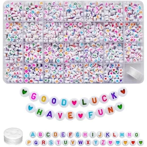 Looconi Colorful Letter Beads 1400pcs (7mm Round) | Alphabet A-Z Heart White Flat Acrylic Beads with Crystal Line for Jewelry Making thumbnail 1