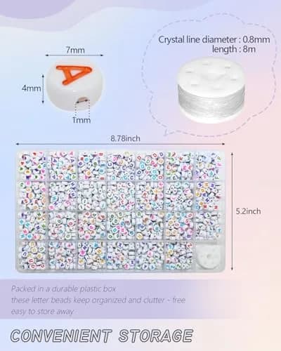 Looconi Colorful Letter Beads 1400pcs (7mm Round) | Alphabet A-Z Heart White Flat Acrylic Beads with Crystal Line for Jewelry Making thumbnail 2