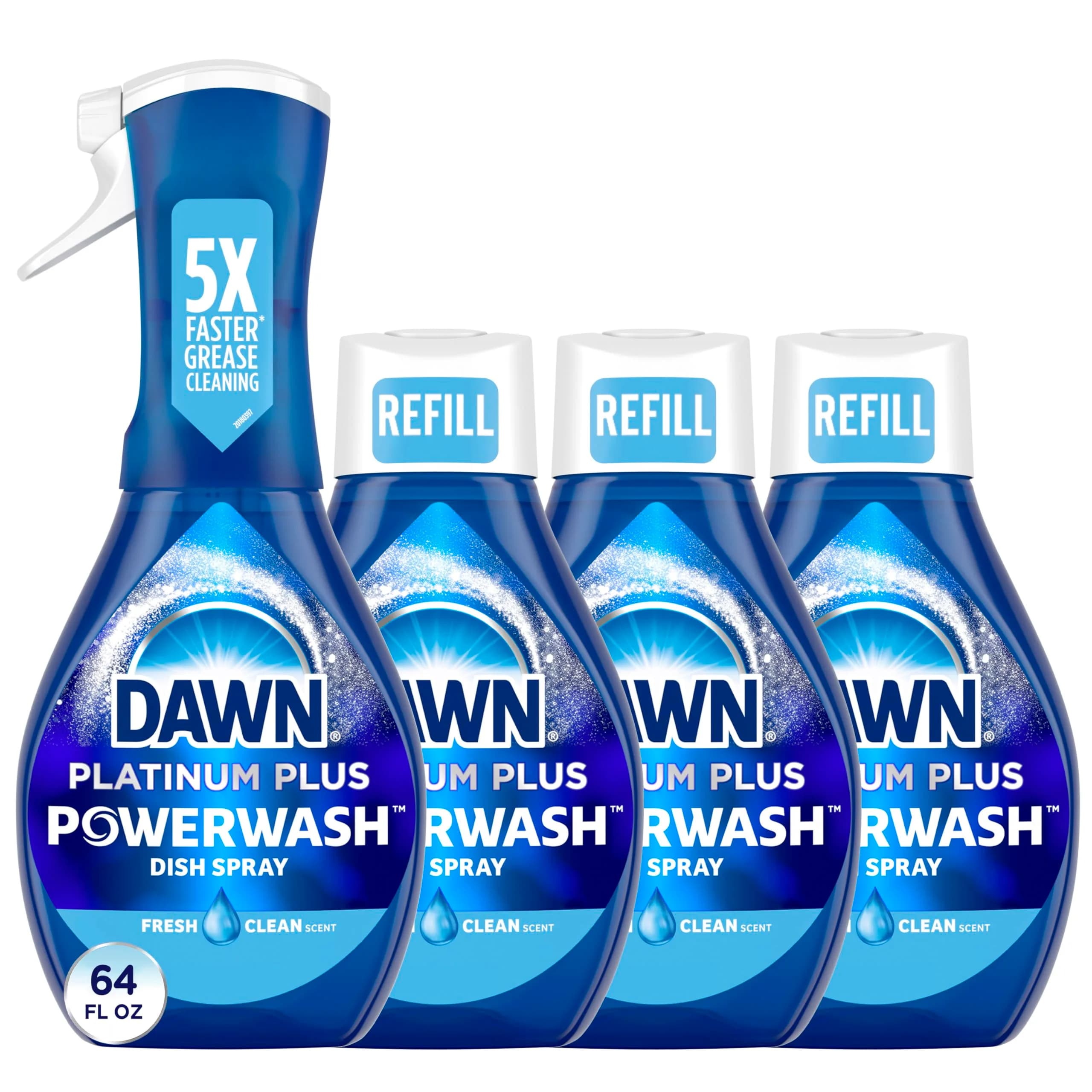 Dawn Powerwash Spray Dish Soap Starter Kit + 3 Refills, Fresh Scent, 64 Fl Oz (4x16 Fl Oz) | Grease-Cutting Spray for Dishes, Stovetops, and More - main product image