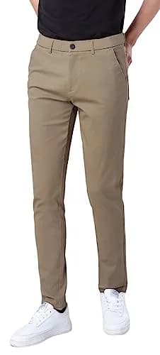 Plaid&Plain Men's Skinny Stretch Khaki Pants Slim Fit Tapered Slacks | Modern Fit, Cotton & Spandex, Dark Khaki, 30W x 32L thumbnail 1
