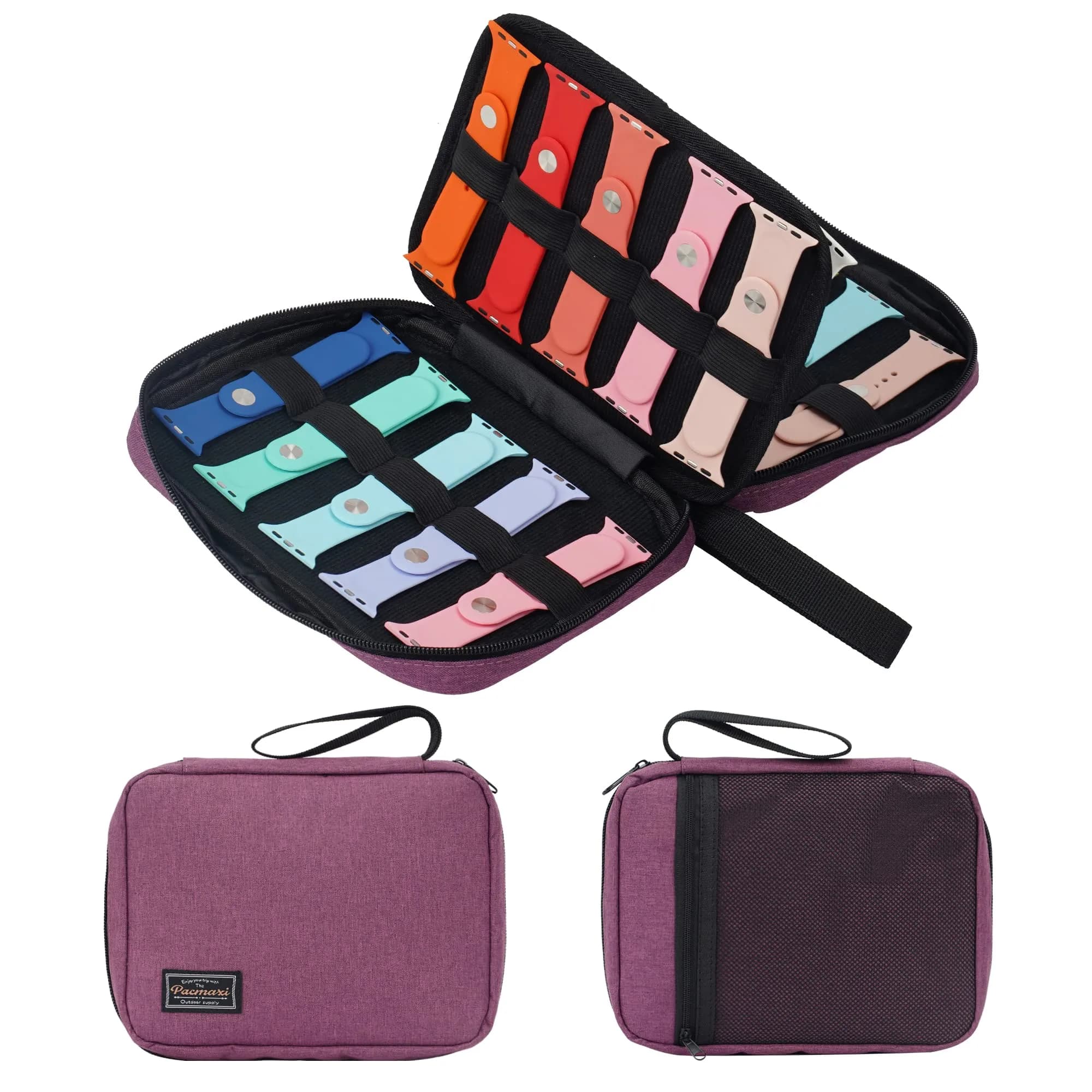 PACMAXI Watch Band Storage Case for 20 Bands | Purple Polyester Organizer with Wristlet Handle - main product image
