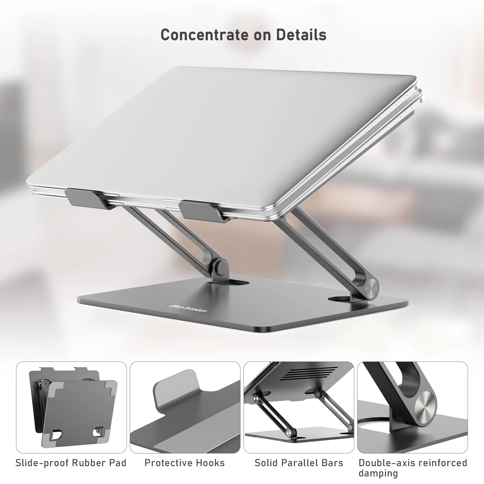 BoYata Adjustable Laptop Stand for Desks, Metal Desktop Riser for Laptops up to 15 Inches, Space Gray | Ergonomic Z-Type Design - view 3