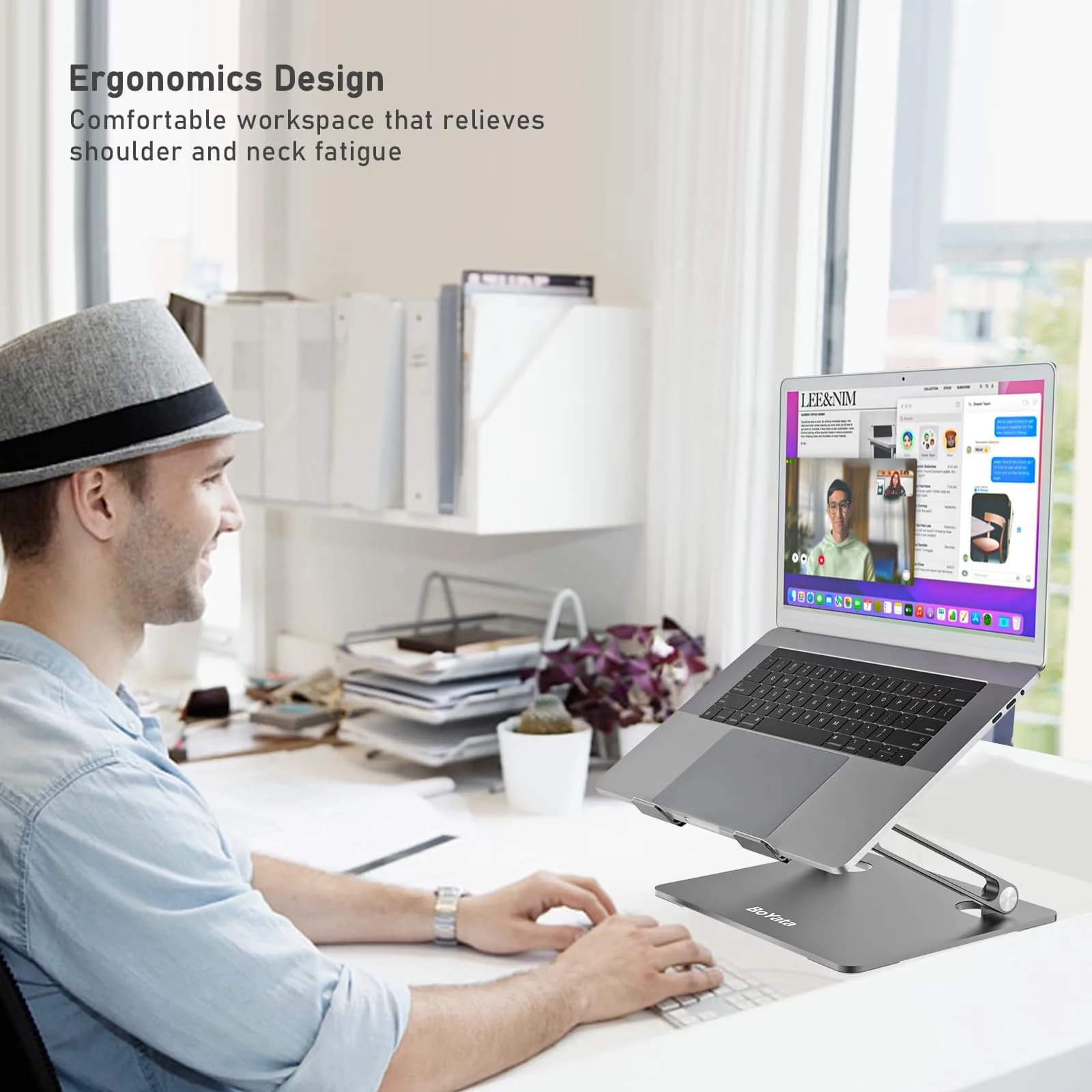 BoYata Adjustable Laptop Stand for Desks, Metal Desktop Riser for Laptops up to 15 Inches, Space Gray | Ergonomic Z-Type Design - view 4