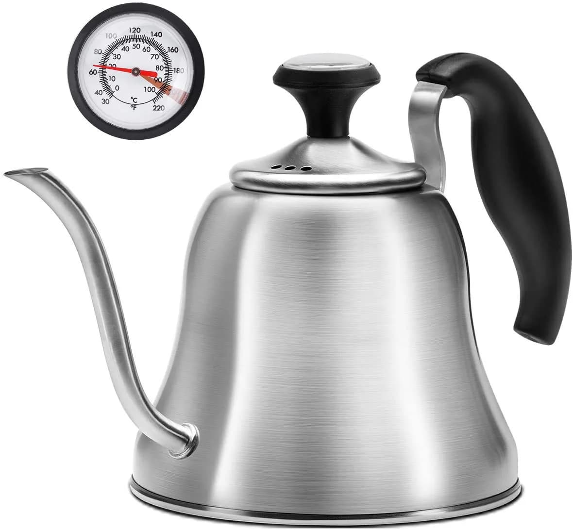 Chefbart Gooseneck Tea Kettle with Thermometer, 800ml (28oz) Brushed Stainless Steel | Precision Pouring for Coffee & Tea