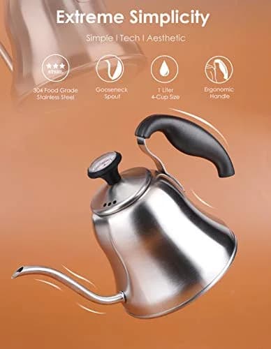 Chefbart Gooseneck Tea Kettle with Thermometer, 800ml (28oz) Brushed Stainless Steel | Precision Pouring for Coffee & Tea thumbnail 7