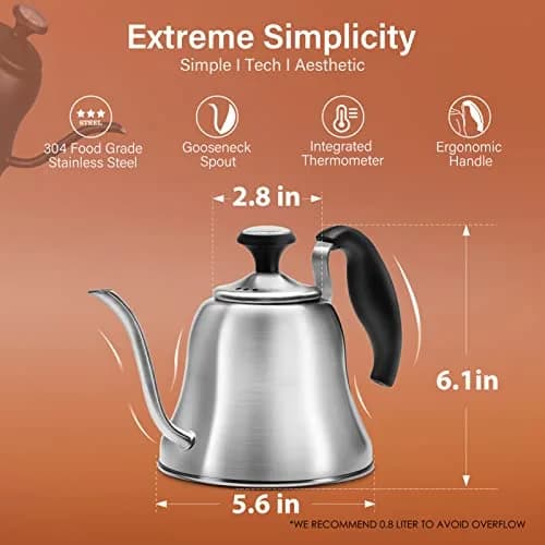 Chefbart Gooseneck Tea Kettle with Thermometer, 800ml (28oz) Brushed Stainless Steel | Precision Pouring for Coffee & Tea thumbnail 2