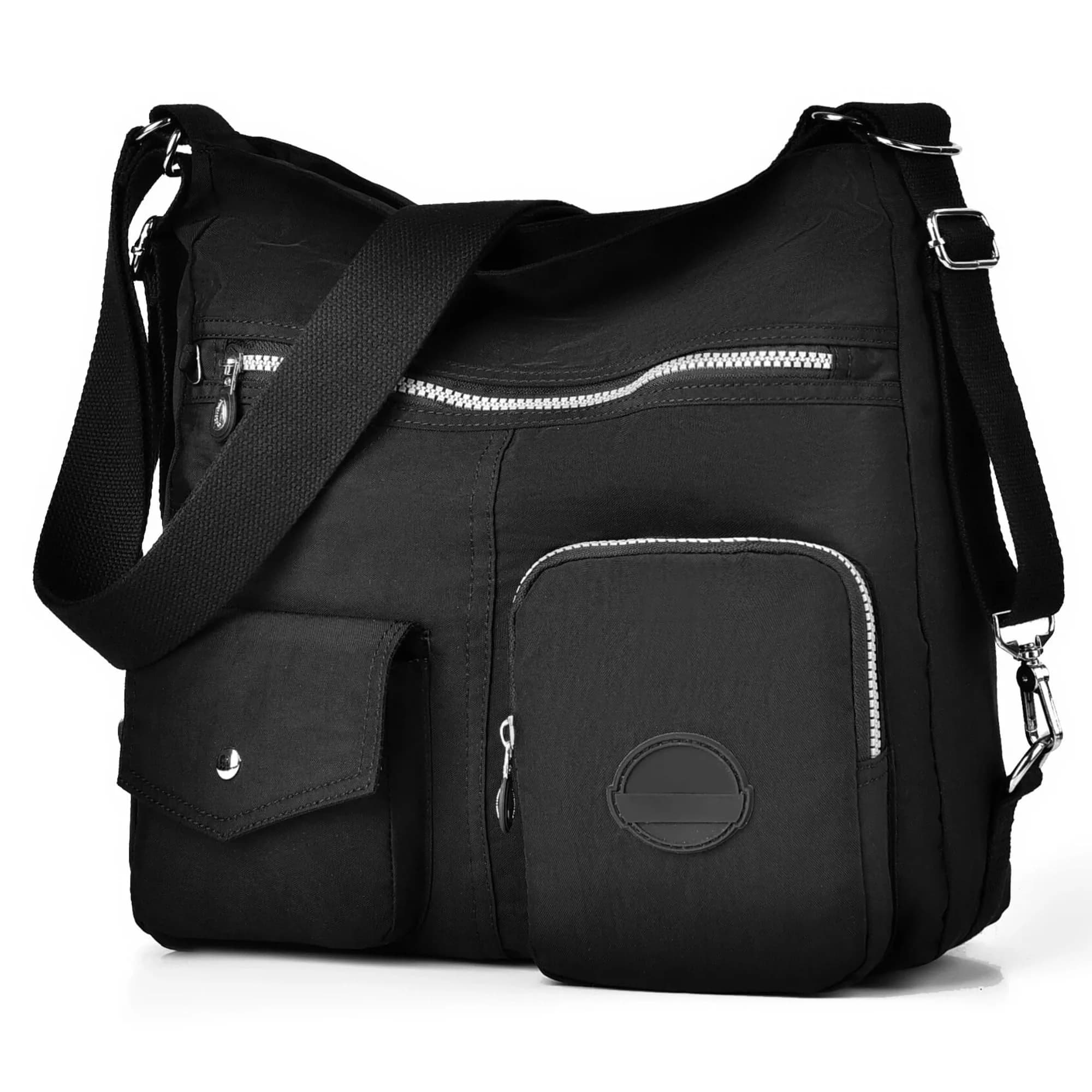 Dora & Liz Hobo Purse for Women, Nylon Crossbody Shoulder Handbag Convertible Backpack 34cm (13.39") | Multi-Way Carry Water-Resistant Bag — Black