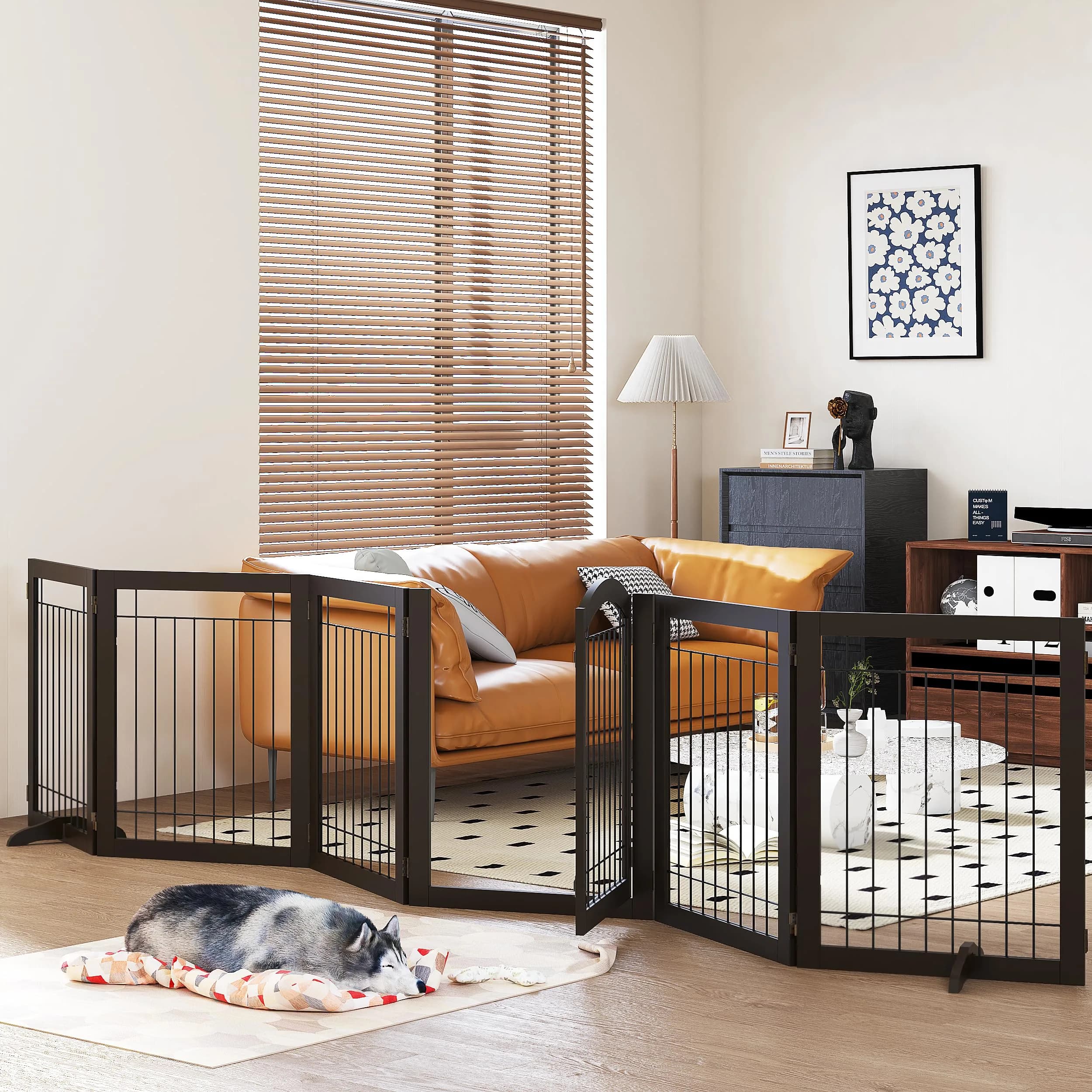 PAWLAND Dog Gate Indoor with Door, Freestanding, Foldable, 144" Wide, 30" H | Versatile Wooden Pet Barrier for All Breeds
