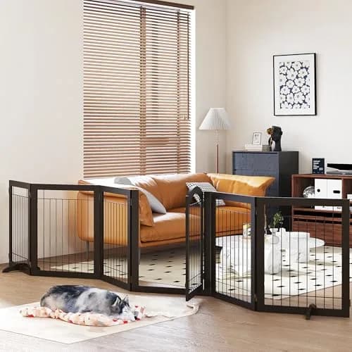 PAWLAND Dog Gate Indoor with Door, Freestanding, Foldable, 144" Wide, 30" H | Versatile Wooden Pet Barrier for All Breeds thumbnail 1