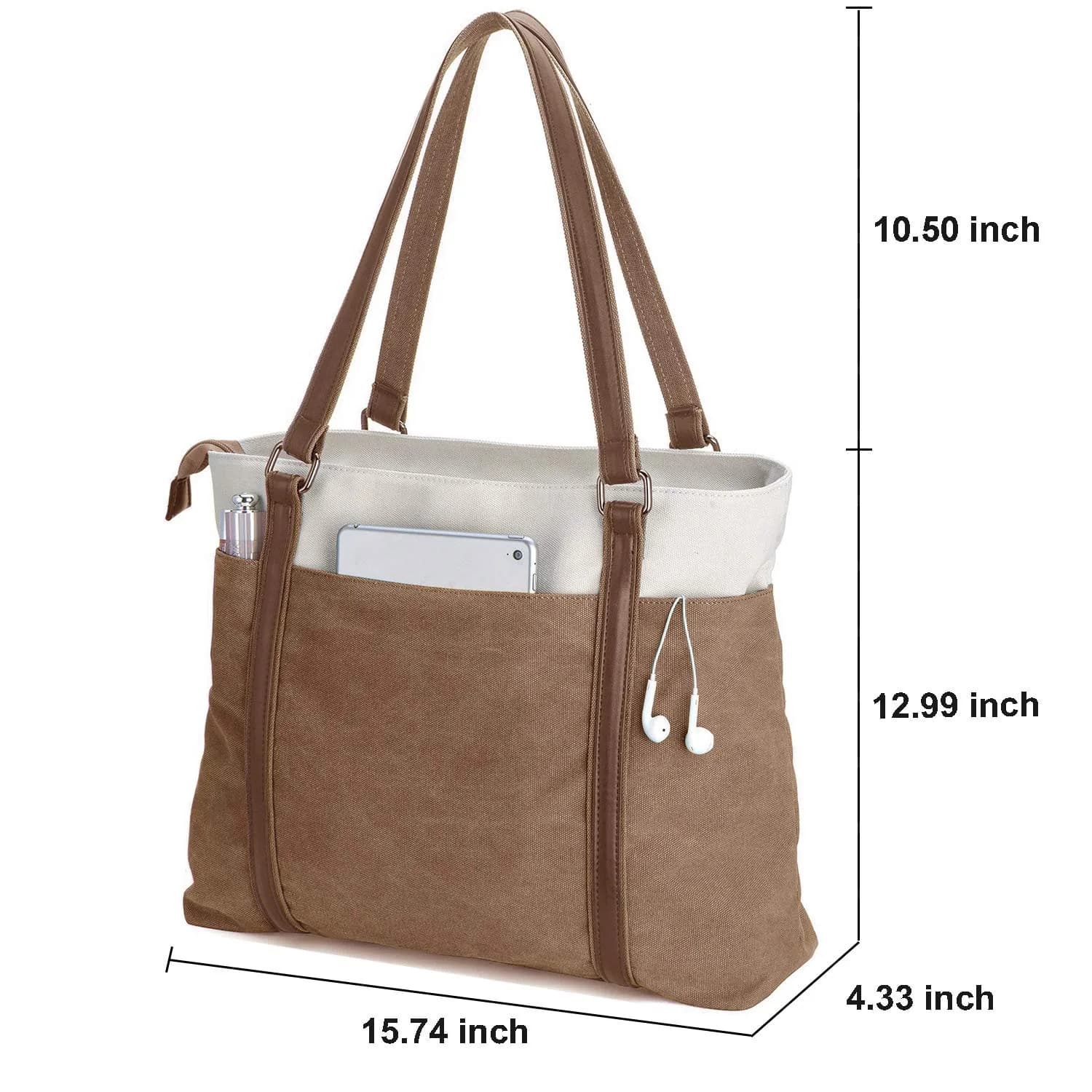 BAG WIZARD Laptop Tote Bag for Women, 15.6 Inch Work Bag with Laptop Compartment and Zipper, 14 Liters | Brown Canvas Computer Tote for Teacher, Office, Travel, Business, Carry On Personal Item Bag - view 3