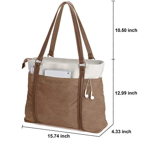 BAG WIZARD Laptop Tote Bag for Women, 15.6 Inch Work Bag with Laptop Compartment and Zipper, 14 Liters | Brown Canvas Computer Tote for Teacher, Office, Travel, Business, Carry On Personal Item Bag thumbnail 3