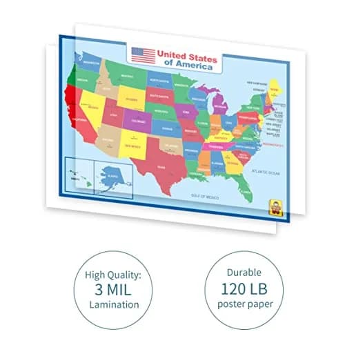 UNCLE WU United States Map Laminated Poster - Waterproof Dry Erase 17x23 inch | Educational Wall Chart for Kids & Adults thumbnail 2