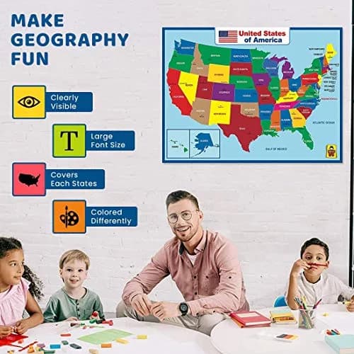 UNCLE WU United States Map Laminated Poster - Waterproof Dry Erase 17x23 inch | Educational Wall Chart for Kids & Adults thumbnail 3
