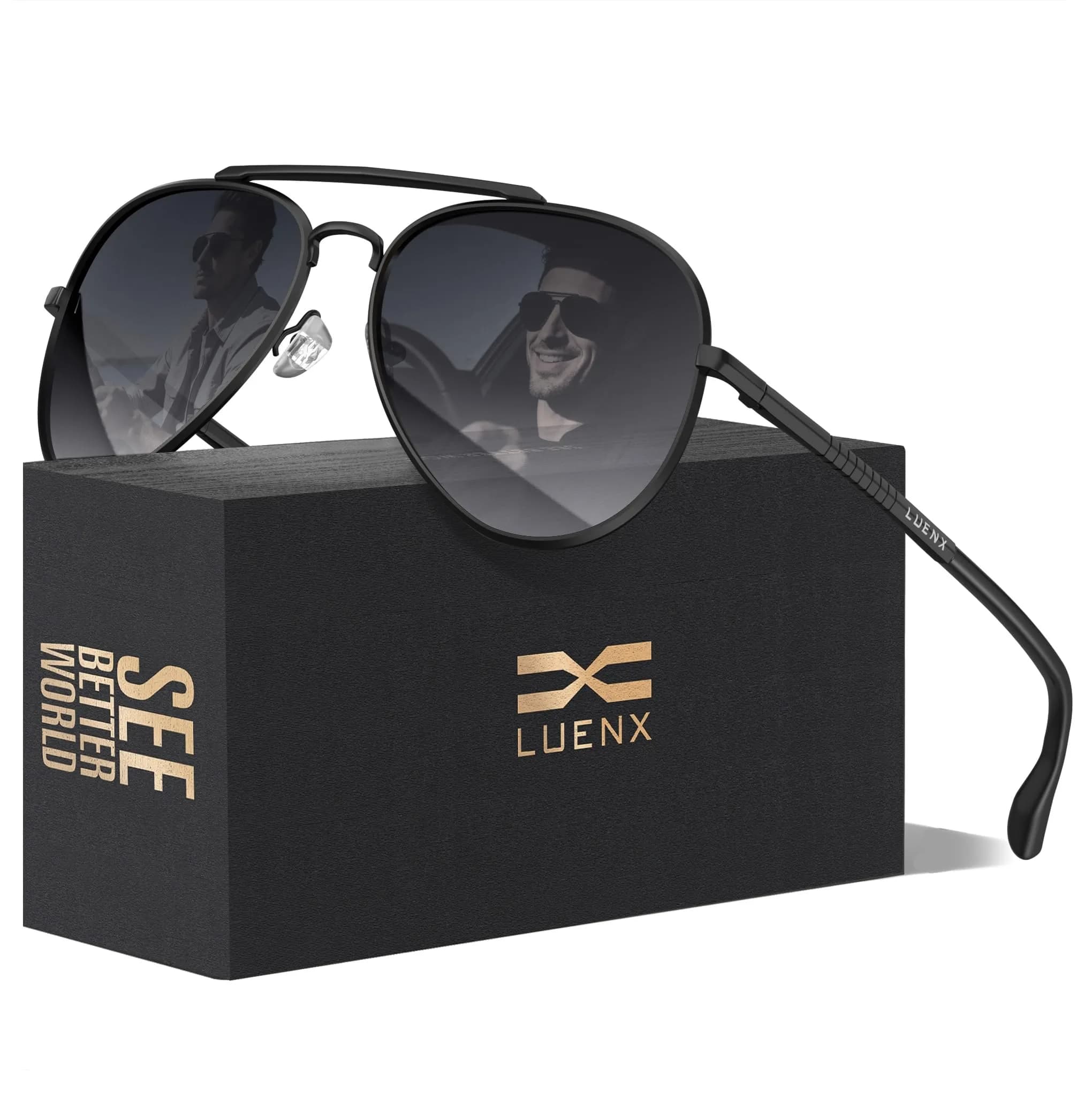 Luenx Aviator Polarized Sunglasses Men Women Classic UV400 Driving | Anti-Glare, Lightweight Metal Frame, Large Fit — Gradient Smoke Black/Black Frame
