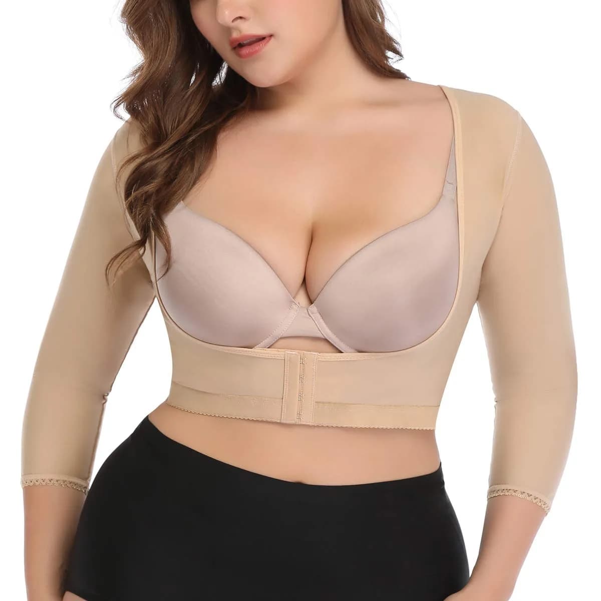 woahee Women's Arm Shaper Plus Size Compression Sleeve Garment Nude Medium | Post Surgical Arm Shapewear with 4-Row Hook Closure — Nude