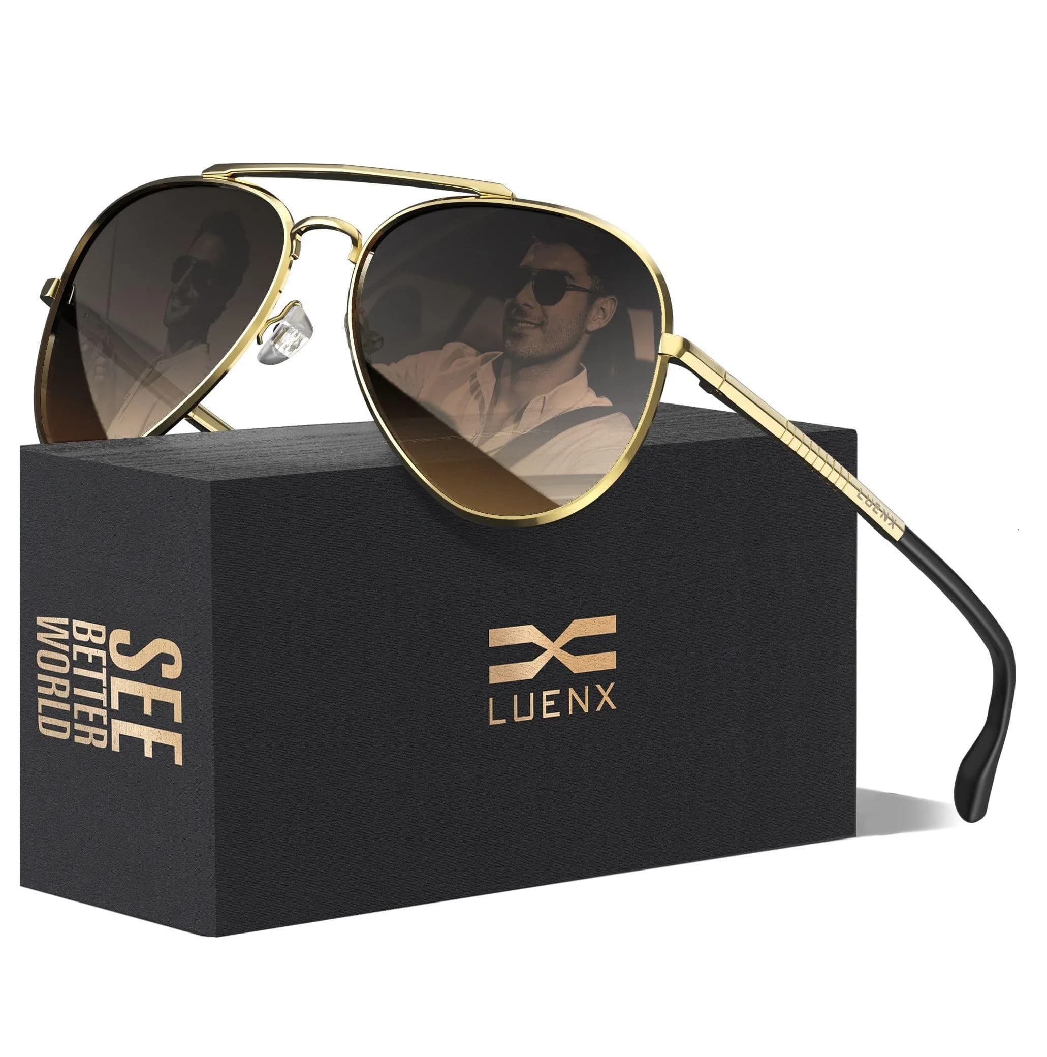 Luenx Aviator Polarized Sunglasses for Men & Women | 60mm Gradient Amber Lens, Lightweight Metal Frame — Gradient Amber/Gold Frame